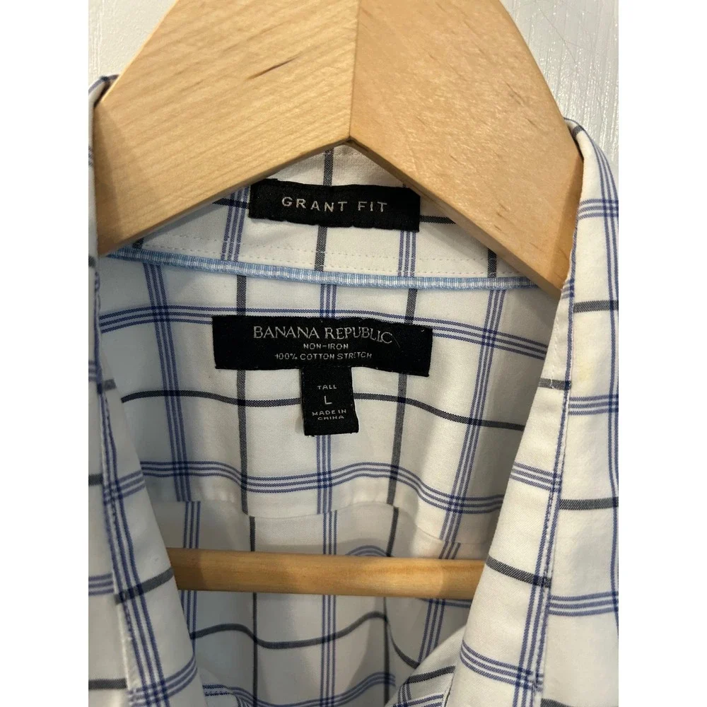 Banana Republic Dress Shirt White Blue Plaid Grant Fit Non-Iron Cotton Tall L